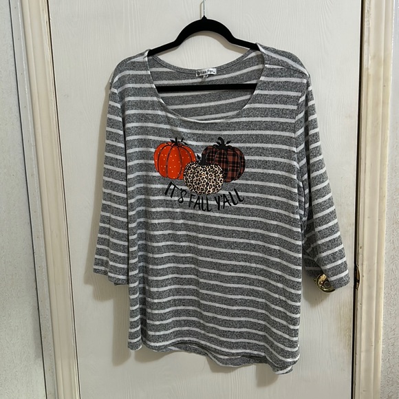 Gray and white striped sweater by Kate Park. Size 2X. its fall y’all on front - Picture 1 of 3